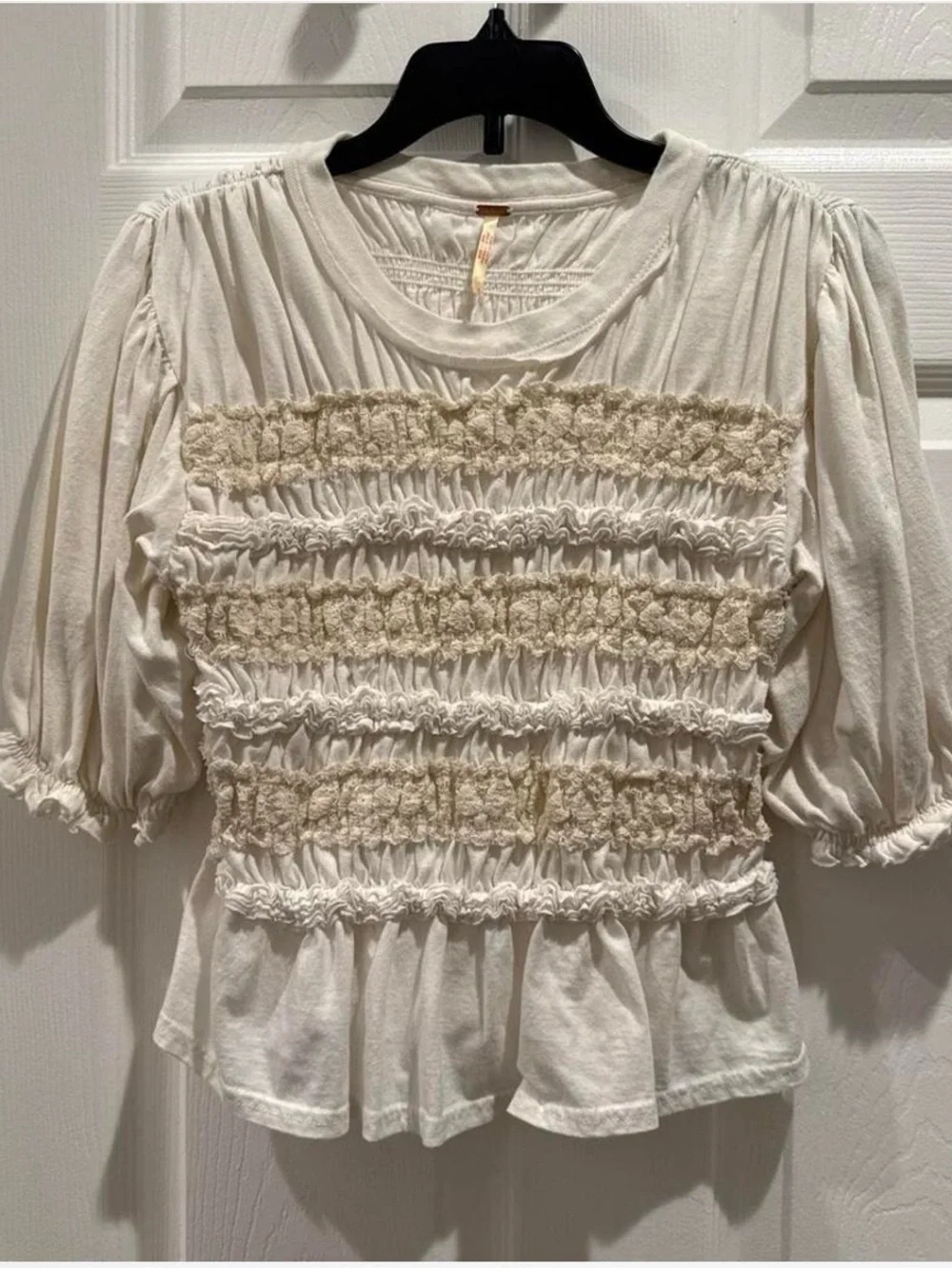 Free People Cream Smocked Peplum Blouse